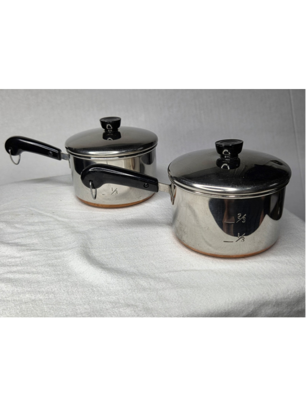 Vintage Revere Ware Miniature Measuring Saucepans w/Lids Copper Bottom Lot of 2